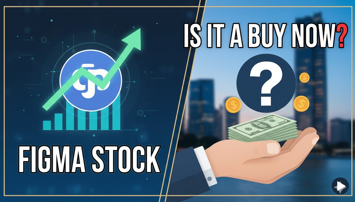 A downward trending stock chart of Figma shares overlaid on a digital design interface background.