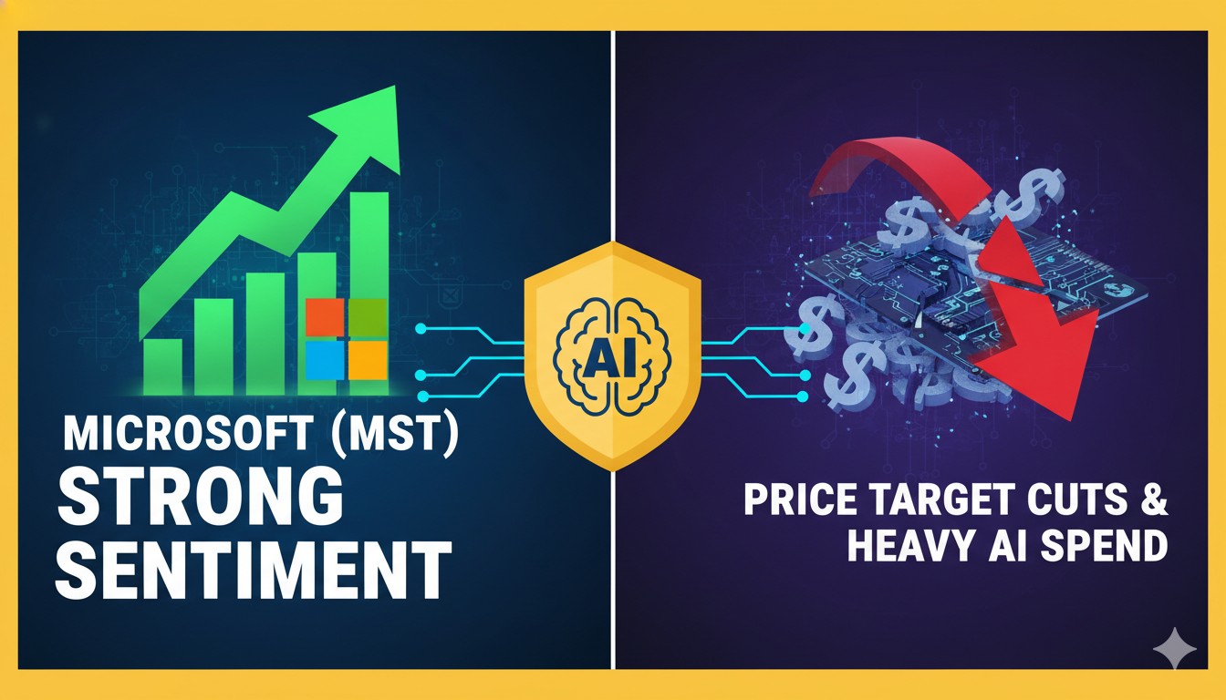 Microsoft logo overlaid on a stock chart showing upward trend with AI elements
