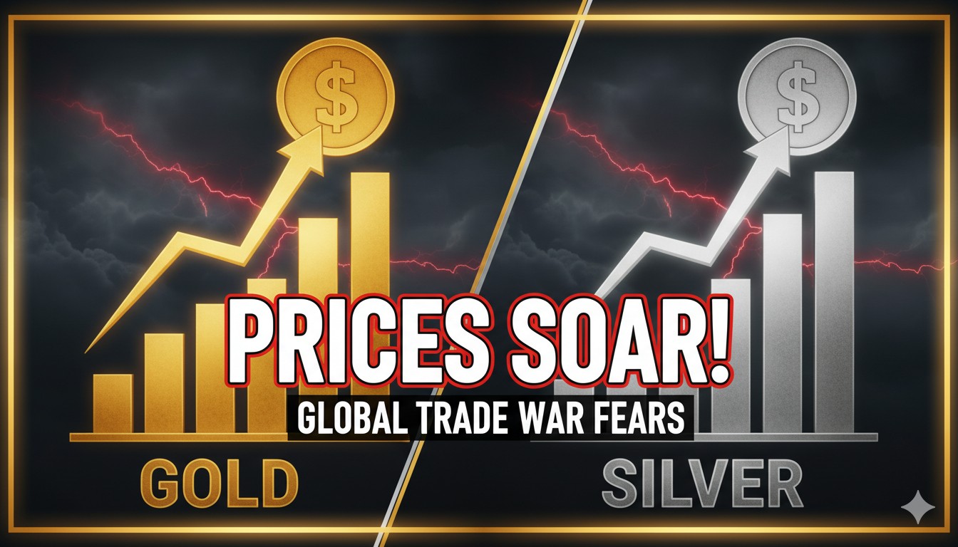 Gold and silver bars with upward-trending price charts amid trade war tensions