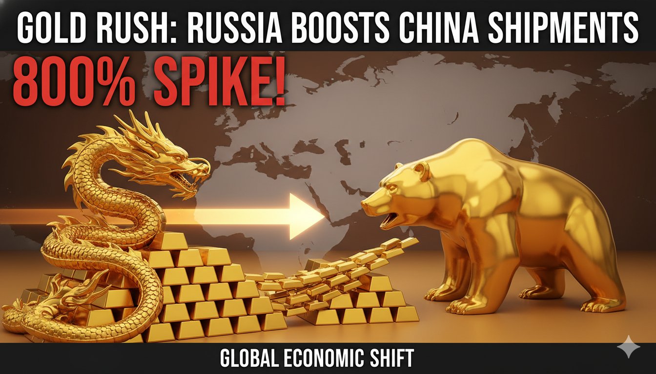 Stacks of gold bars with Russian and Chinese elements symbolizing increased trade