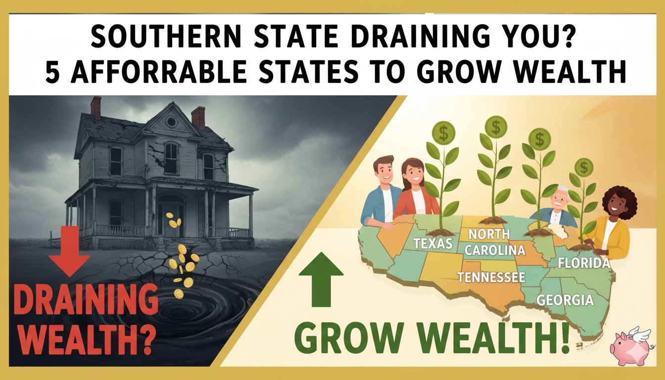 Map highlighting Southern U.S. states with arrows pointing to five affordable alternative states for wealth growth.