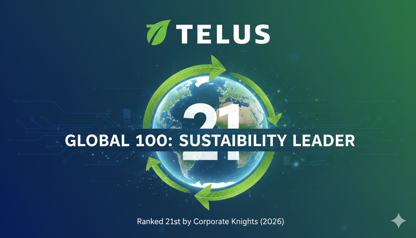 TELUS logo overlaid on a vibrant green landscape symbolizing sustainability and innovation.