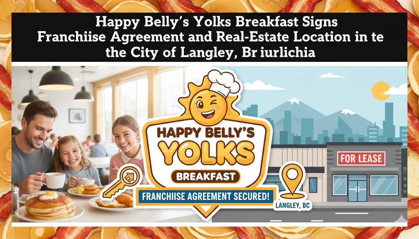Exterior view of a modern breakfast restaurant in a bustling suburban area with signage for Yolks Breakfast
