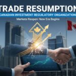 Illustration of stock trading resumption notification from Canadian Investment Regulatory Organization with TSX symbols and clock showing resumption time