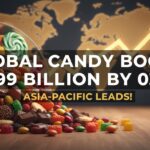 Global confectionery products including chocolates, gummies, and snack bars arranged on a colorful display representing market growth to 299 billion by 2031