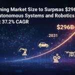 Futuristic neural network visualization with robotic arms and autonomous vehicles in a high-tech environment representing deep learning market growth