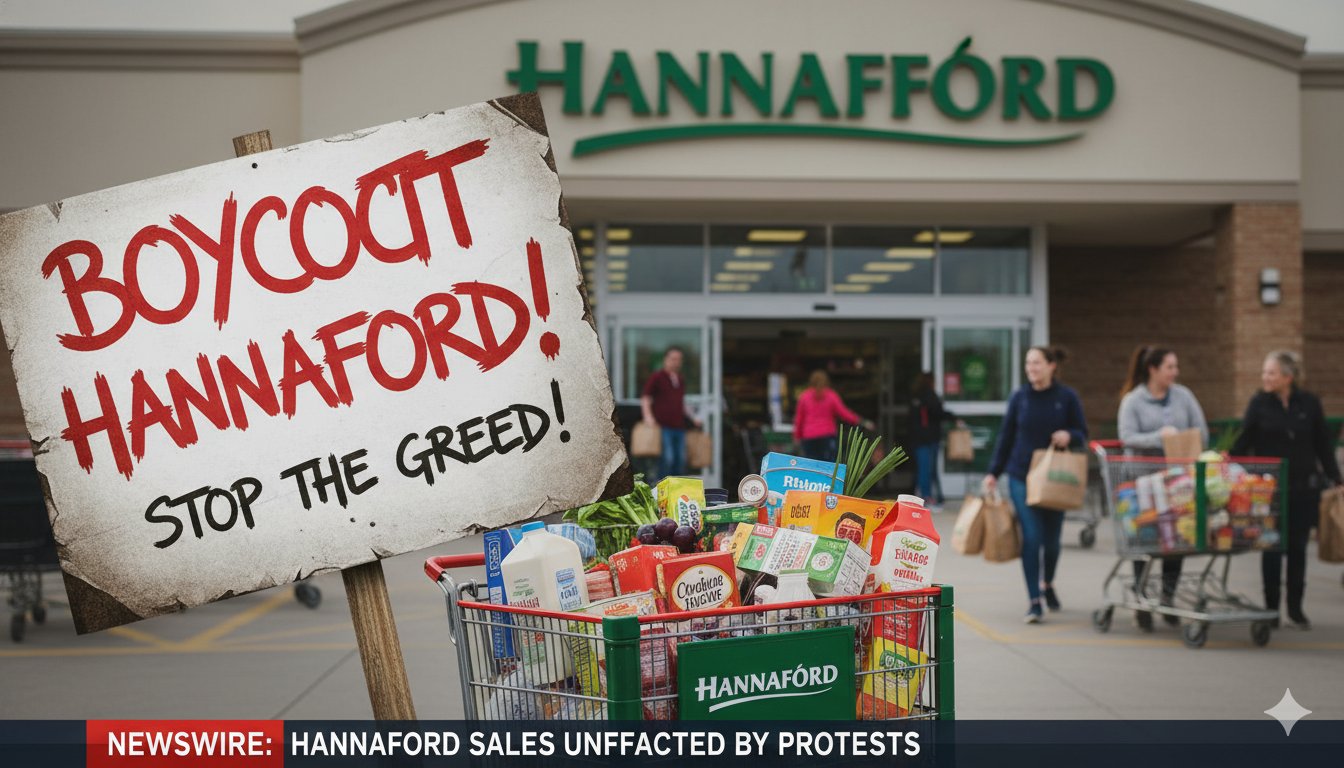 Exterior view of a Hannaford Supermarkets store with customers entering and exiting on a typical shopping day.