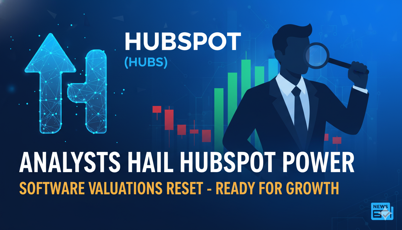 A digital illustration of a rising graph line representing stock recovery against a backdrop of falling software icons, symbolizing HubSpot's strength in a resetting market.