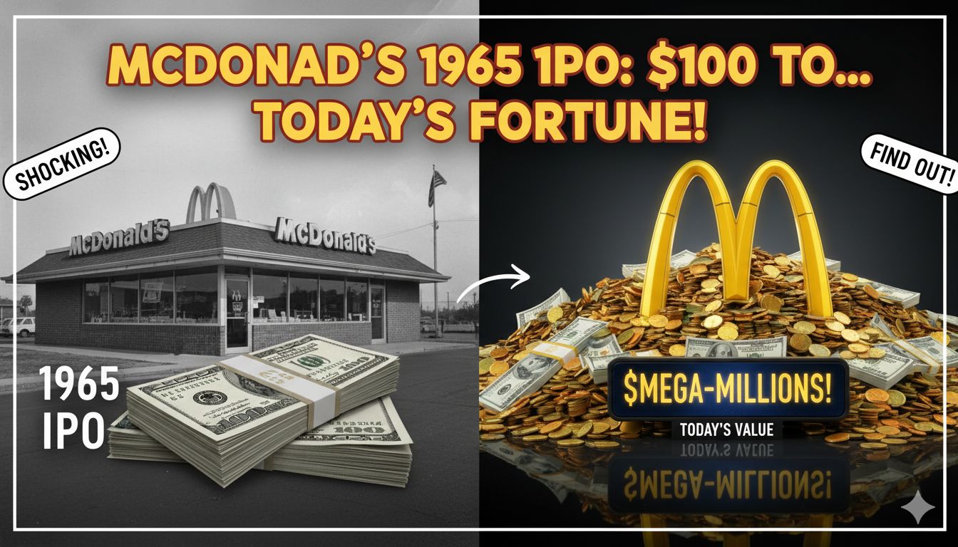 McDonald's golden arches logo with stock chart overlay showing long-term growth since 1965 IPO