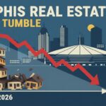 Aerial view of Memphis Tennessee skyline with residential neighborhoods and Mississippi River in background showing real estate market area