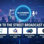 Bloomberg TV logo with New to The Street Show #726 text overlay featuring company tickers VVOS, AERT, VTIX, SDST on a financial news background