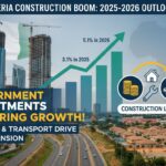 Aerial view of ongoing major road construction project in Nigeria with heavy machinery and workers building highway infrastructure