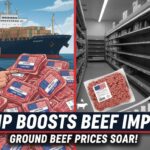 Packages of ground beef displayed on supermarket shelves with price tags showing elevated costs