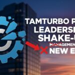 Tamturbo Plc headquarters building with modern industrial compressor technology display in foreground, representing leadership transition and innovation in oil-free air solutions.