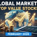Stock market chart highlighting undervalued global value stocks in February 2026 with financial graphs and world map overlay