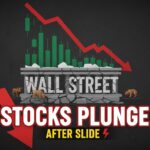 Wall Street stock market trading floor with declining charts and red arrows indicating broad market drop after tech-led slide