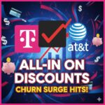 Major US wireless carriers T-Mobile, Verizon, and AT&T logos with discount tags and phone icons representing promotions amid churn pressures