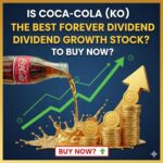 Coca-Cola logo on a red background with stock chart overlay showing steady upward trend for dividend growth