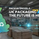 Illustration of UK packaging waste collection bins with recycling symbols and producer responsibility documents