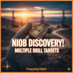 Alt Text for featured image : Aerial view of Québec wilderness with mineral exploration drill rig setup in forested area targeting niobium deposits