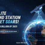 Alt Text for featured image : Global network of satellite ground stations with large parabolic antennas under a starry sky, representing the expanding satellite communication infrastructure.