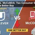Side-by-side comparison chart of Unilever and McCormick stock logos with financial metrics overlay for investment analysis