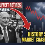 Warren Buffett at Berkshire Hathaway annual meeting, symbolizing his retirement and investment caution with a massive cash pile warning to investors.